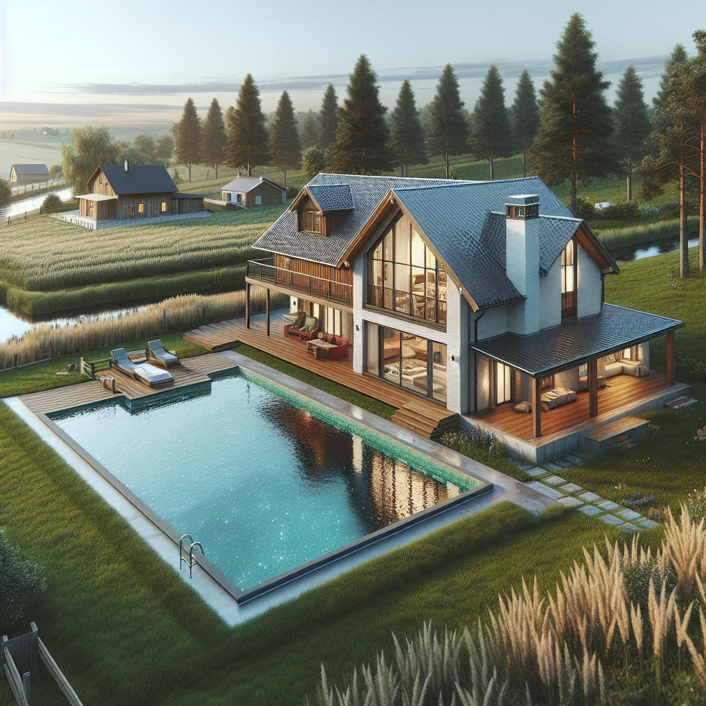 Realistic stock image of rural house with pool